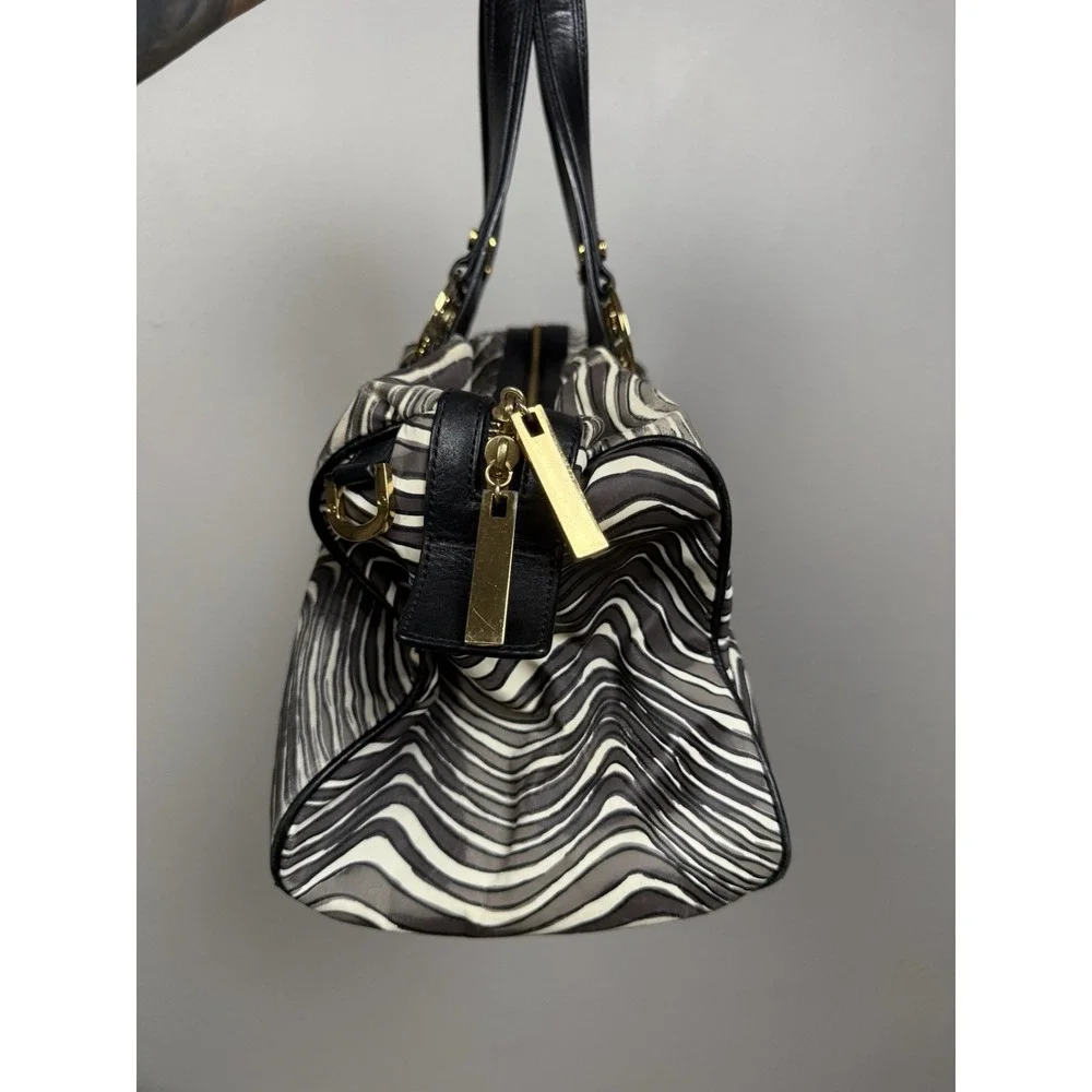 Tory Burch‎ Zebra Stripe Satchel Shoulder Bag Leather Trim Gold Logo Y2K Style